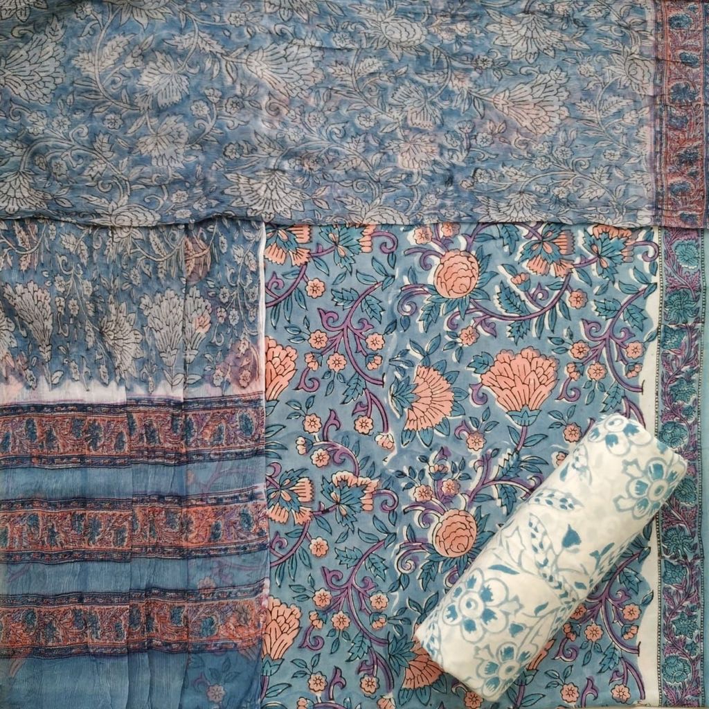 Designer Hand Block Print Cotton Suit Set with Chiffon Dupatta (PCHF413) view 2