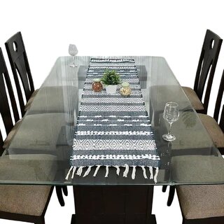 Modern Geometric Blue and White Fringed Table Runner