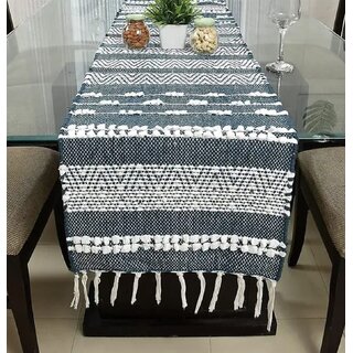 Modern Geometric Blue and White Fringed Table Runner view 2