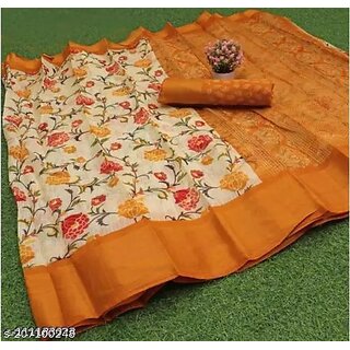 Yellow Colour Flower Printed Cotton Saree With Blouse Piece view 2