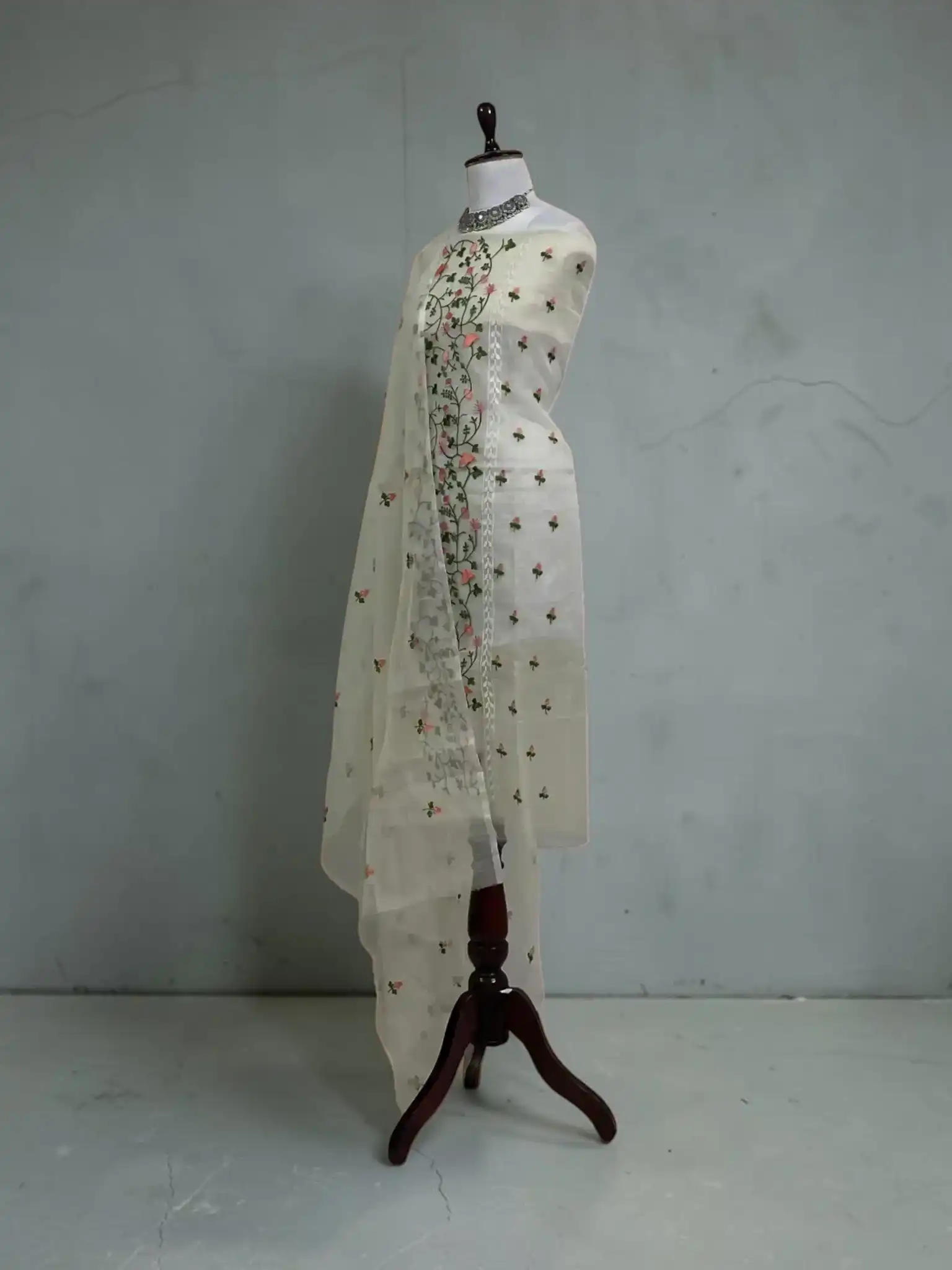 Kota Doria Handwoven Cotton Dress Material with Hand-Embroidered Florals view 2