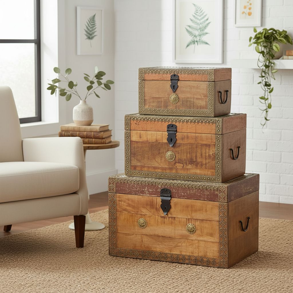 Wooden Trunk Box Storage Set of 3-Central Coffee Table view 2