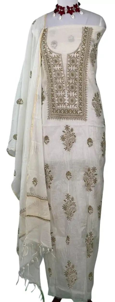 Chikankari Mul Chanderi Dress Material Ivory Green Floral