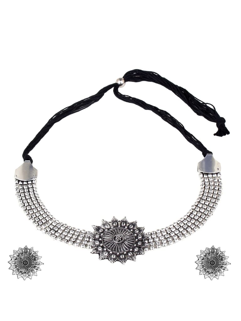 Cardinal Oxidized Silver Color Choker Necklace Set view 2