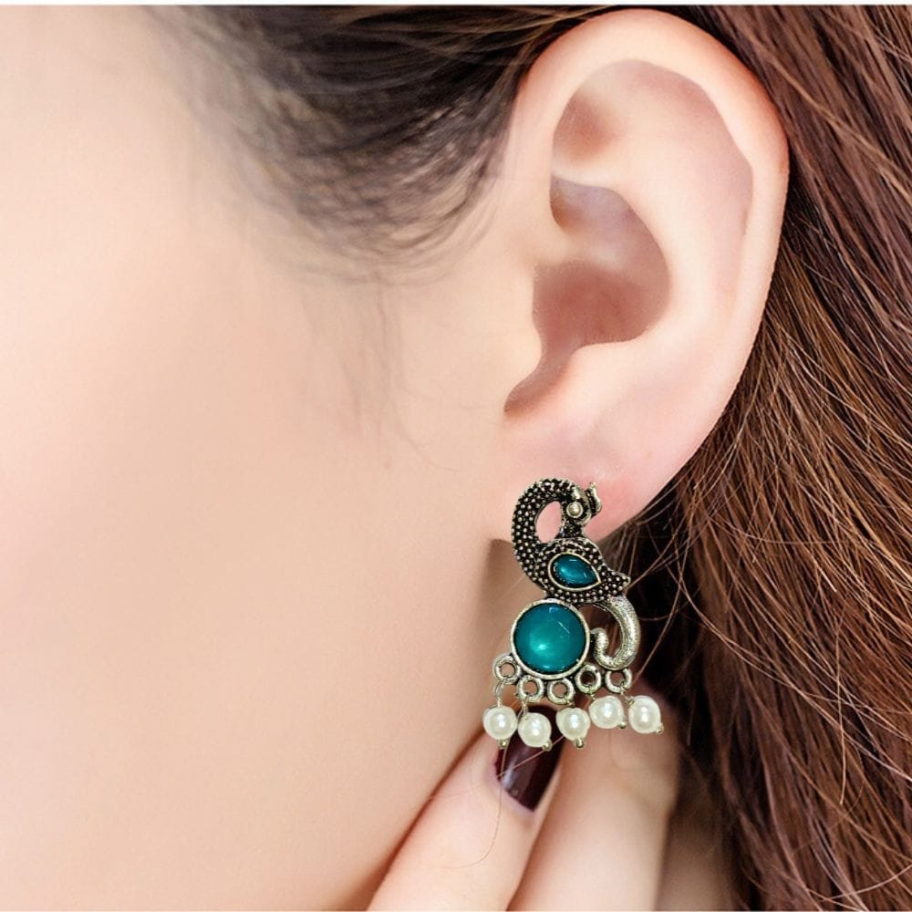 Jewelryklub Earrings For Women Oxidised Silver Peacock Shape Jhumki Earrings For Girls And Women (Blue) view 2