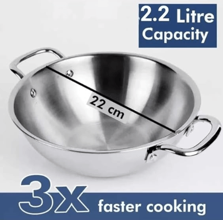 WEKTU Triply Stainless Steel Kadhai with Lid – 22 cm Diameter, 2.2 L Capacity, Induction Compatible view 2