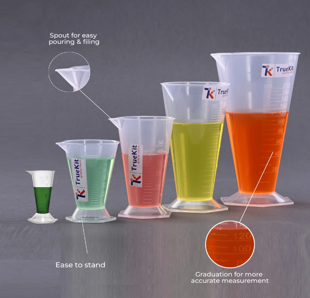 TRUEKIT Transparent Plastic Measuring Beaker Cup Conical Measure with Graduation Marks. (12ml+25ml+50ml+125ml+200ml) view 2
