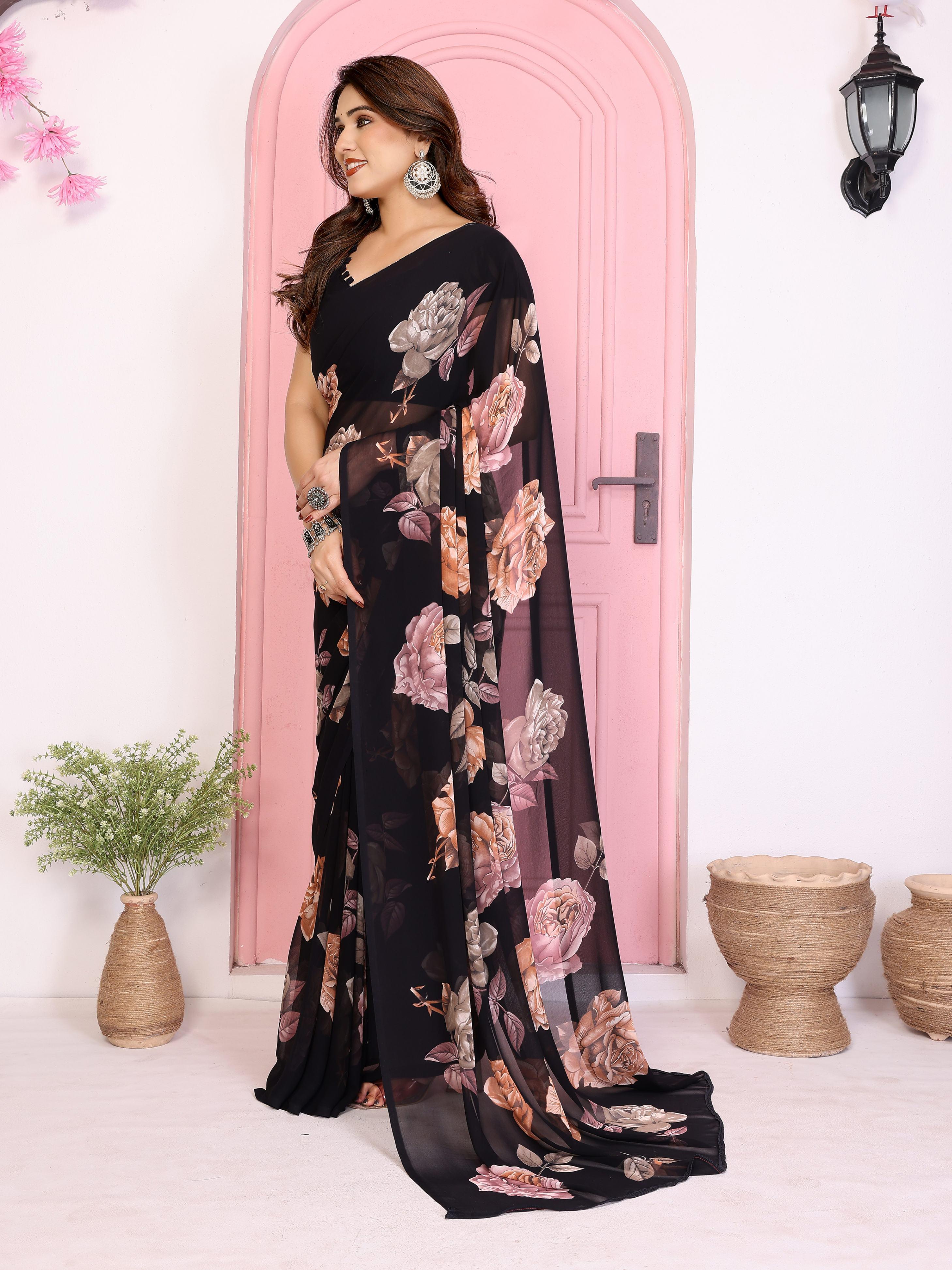 Women Floral Printed Georgette Saree with Blouse Piece view 2