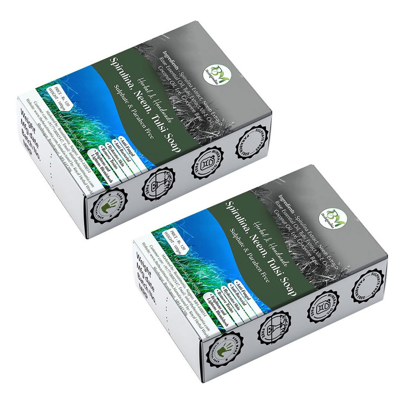 Beautimania Spirulina Neem Tulsi Soap | Glycerine Soap for Bath & Smooth Skin | Skincare Neem Soap for Face & Body to Moisturised Skin | Herbal with Vit E (Pack of 2)