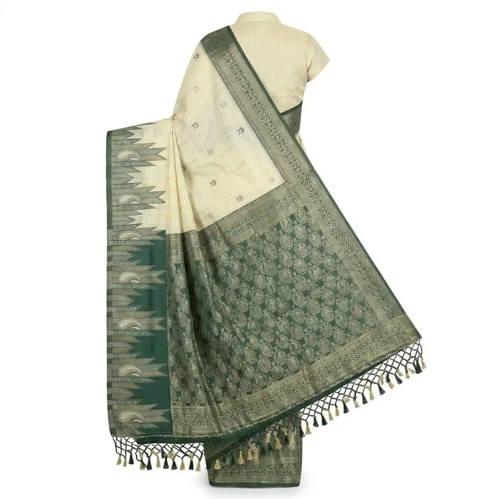 Sambalpuri Light Cream Green Ikat Handloom Saree view 2