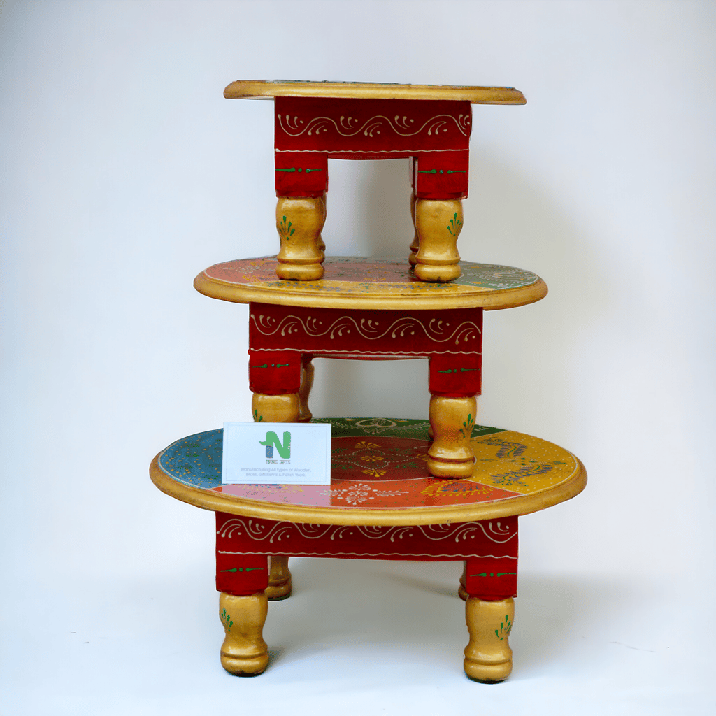 Pooja chowki / round shape / hand painted / set of 3 stool / bajot / round bajot / ( set of 3 pcs) view 2