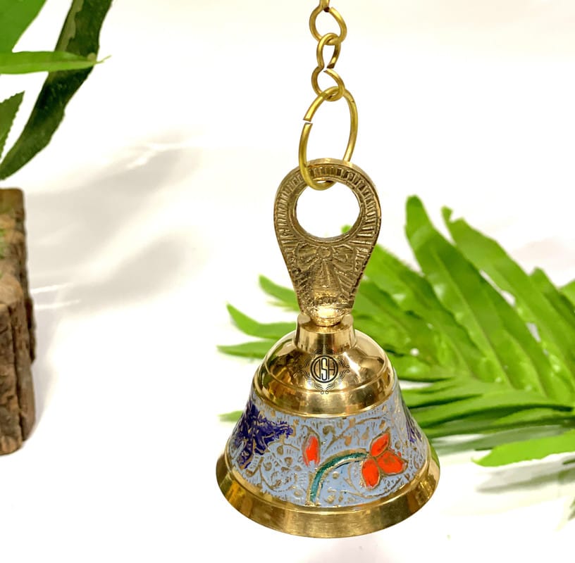 Pure Brass Hanging Bell with Chain for Temple Mandir Door Home Decorative Ringing Bell (Sky Blue),Gold(HANGBL-02 -SKYB) view 2