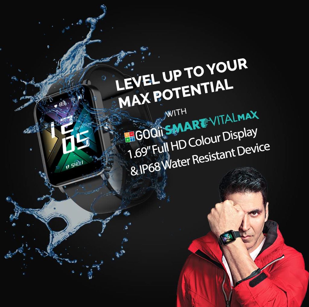 GOQii Smart Vital MAX SpO2 1.69'' HD Full Touch, Smart Notification, Waterproof, IP68, Smartwatch for Smart Phones, Blood Oxygen, Sports & Sleep Tracking with 3 Months Personal Coaching- Black view 2