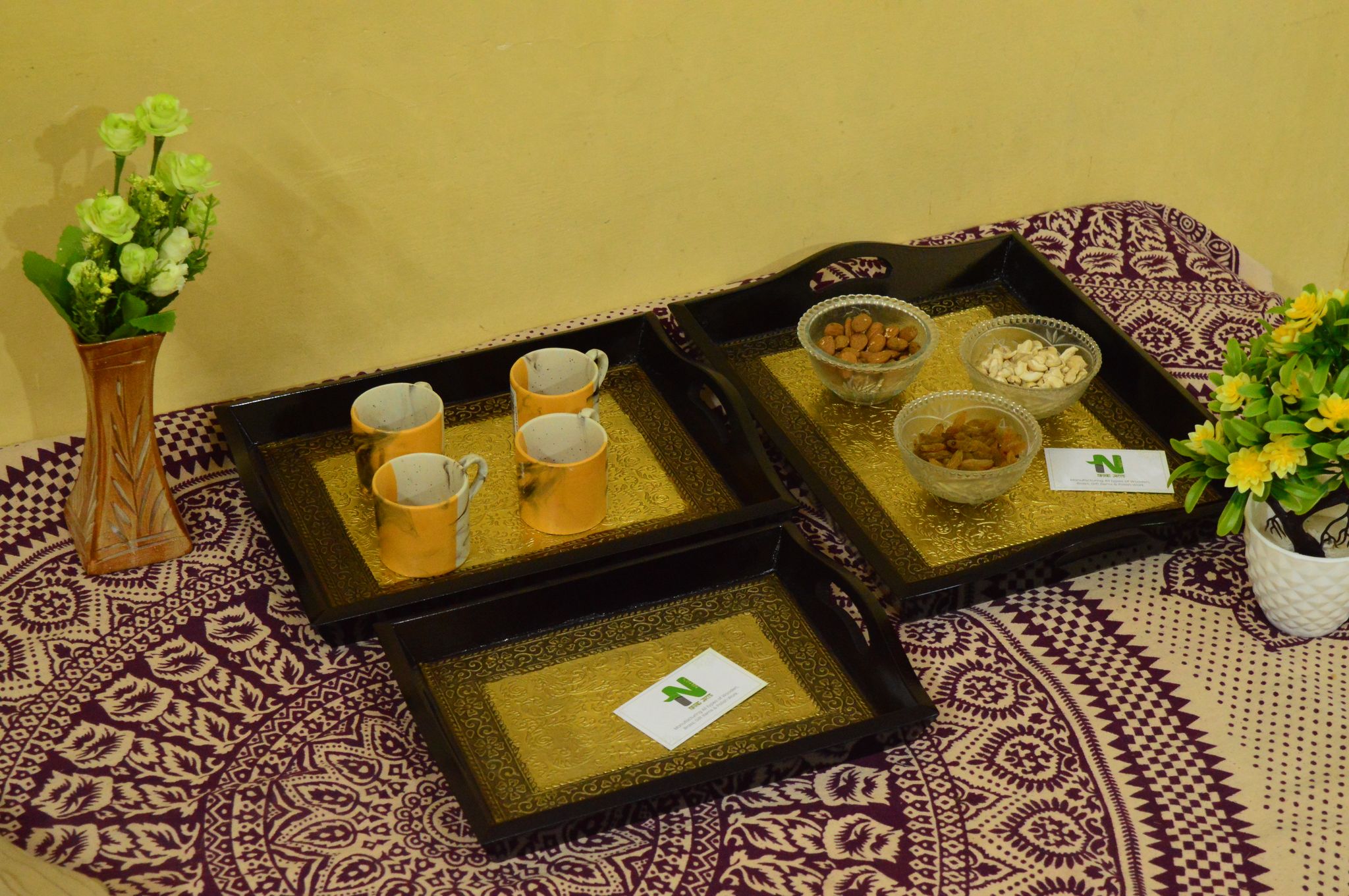 Nikhil Art Wooden Serving Tray Set of 3 Rajasthani Embossed Hand Painting for Tea Coffee Snacks Kitchen Dessert Tray view 2