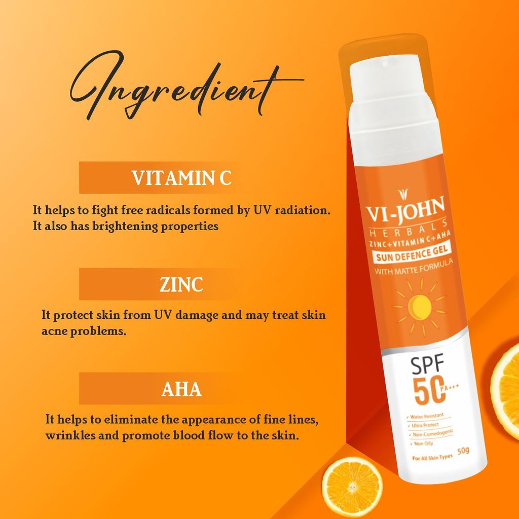 VI-JOHN Vitamin C, AHA & Zinc Lightweight Matte Gel Sunscreen SPF 50 PA+++ | For UVA UVB, Broad Spectrum & Blue Light Protection | Non-Greasy, Quick-Absorbing | No White Cast | For Women & Men | 50G view 2