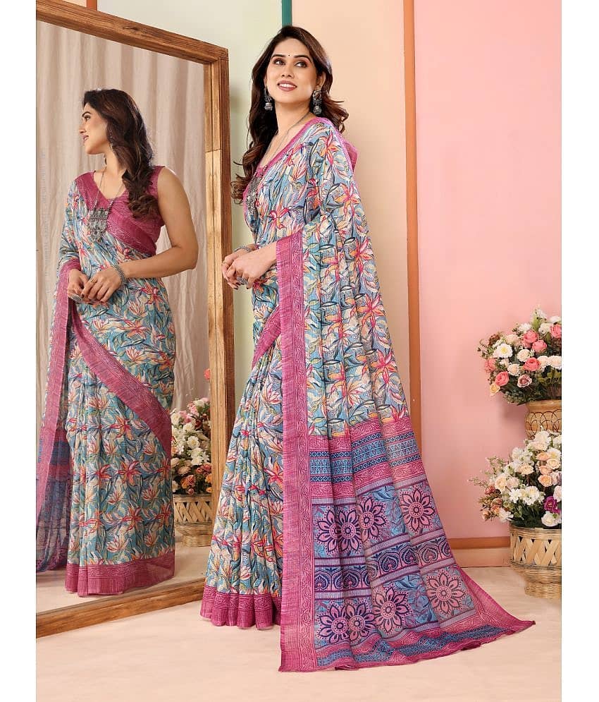 BLEESBURY Cotton Blend Printed Saree With Unstitched Blouse Piece ( Pink ) view 2
