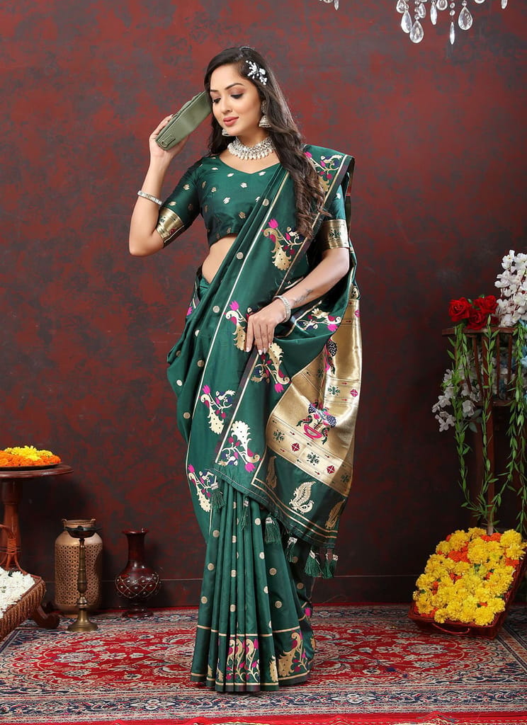 Green Soft Paithani Silk Woven Design Gold Zari Meenakari Weaving Saree view 2