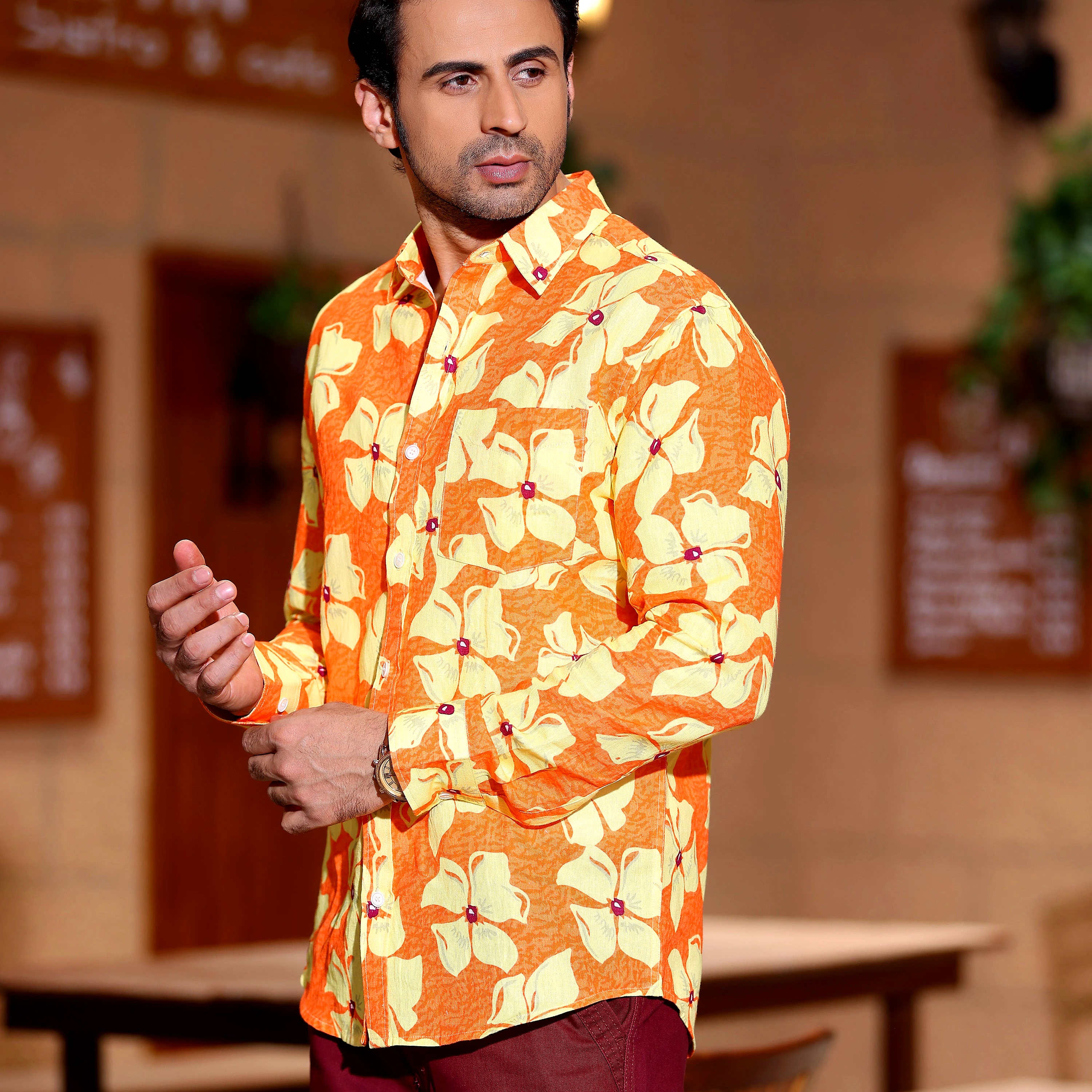 Lilac Tangerine Orange Casual Pure Linen Full Shirt (Size - M) by BLUE EAGLE view 2