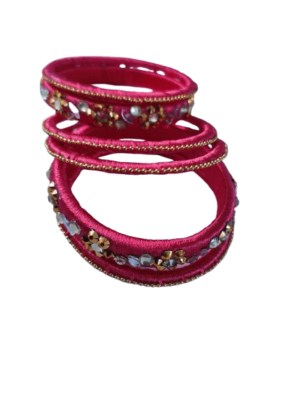 Pink Silk Thread Bangle Set with Stone and Pearl Embellishment view 2