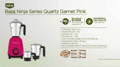 Bajaj Ninja Series QUARTZ 750-Watt Mixer Grinder (3-jar, Garnet Pink) view 2