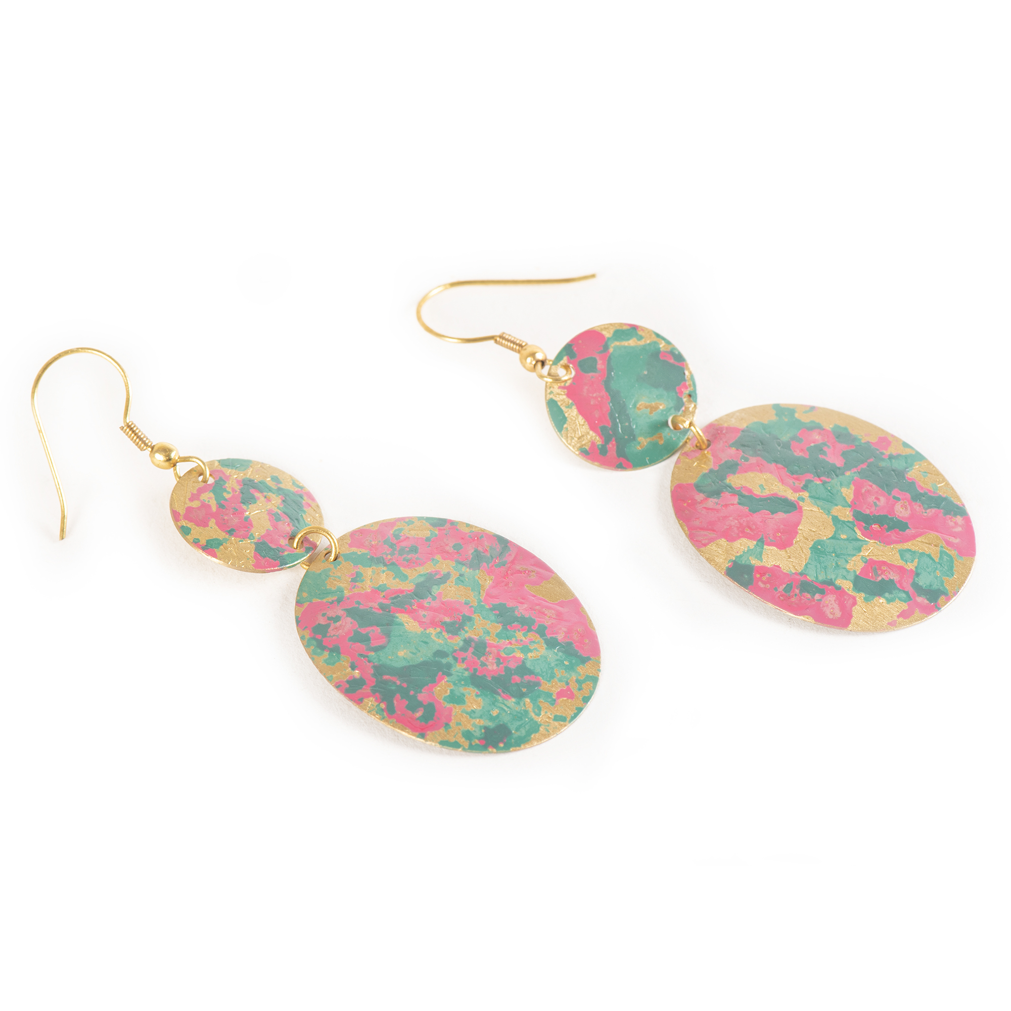 Handcrafted Brass Pink Green Earring view 2