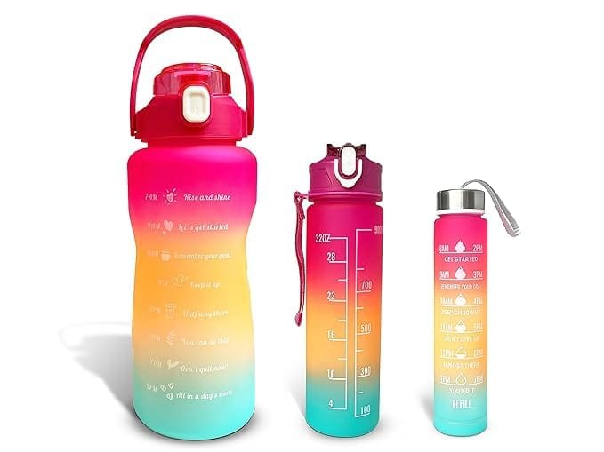 Motivational Water Bottle Combo Set (2L, 900ML, 300ML) | Gym & Office Water Bottles with Time Marker, Straw & Sipper | Reusable Leakproof Bottles for Adults (Multicolor- 3 Combo, Pack1) view 2