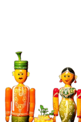 Handcrafted Indian Wooden Bride coupel with Thulasicota - Traditional Couple view 2