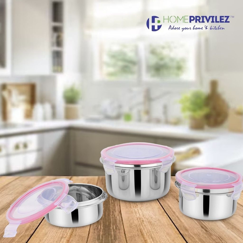 “Flip & Seal “ Stainless Steel Air Tight Storage Container- Set of 3(100mL,250mL,500mL) view 2