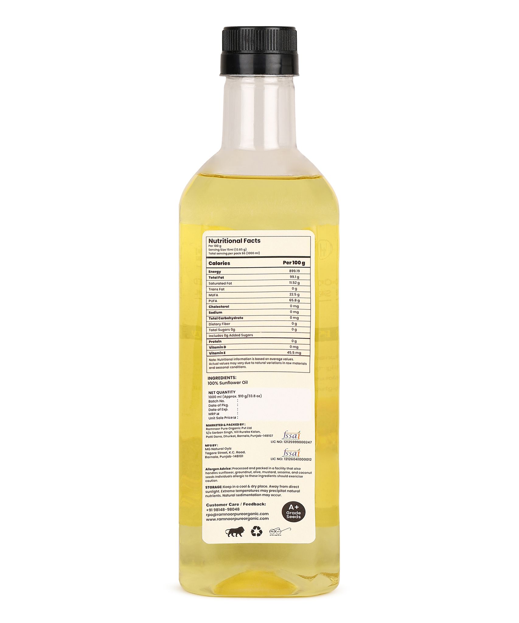 Ramnoor Pure Organic Cold Pressed Sunflower Oil 1L | Pure & Light Cooking Oil | Rich in Vitamin E | Healthy Edible Oil view 2