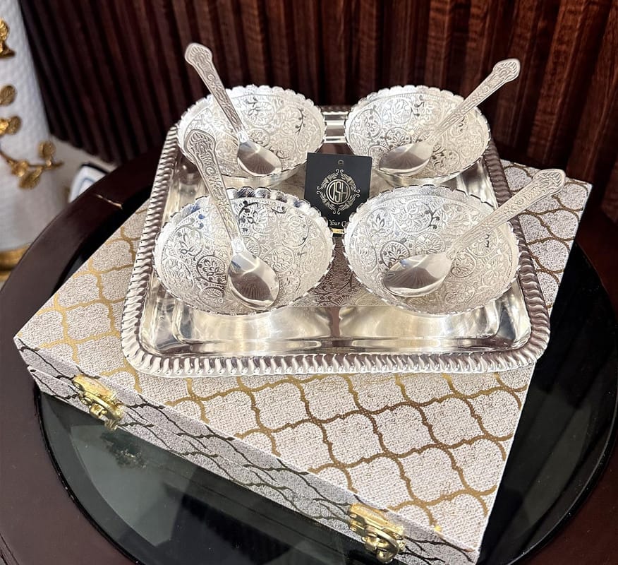 Silver Plated Bowl Set with Tray and Spoon (Set of-9 Piece) Used for Dry Fruit and Home Decor for Birthday, Anniversary, Diwali, Return Gift Items .(S-504-CAPLm-9P-SRB) view 2