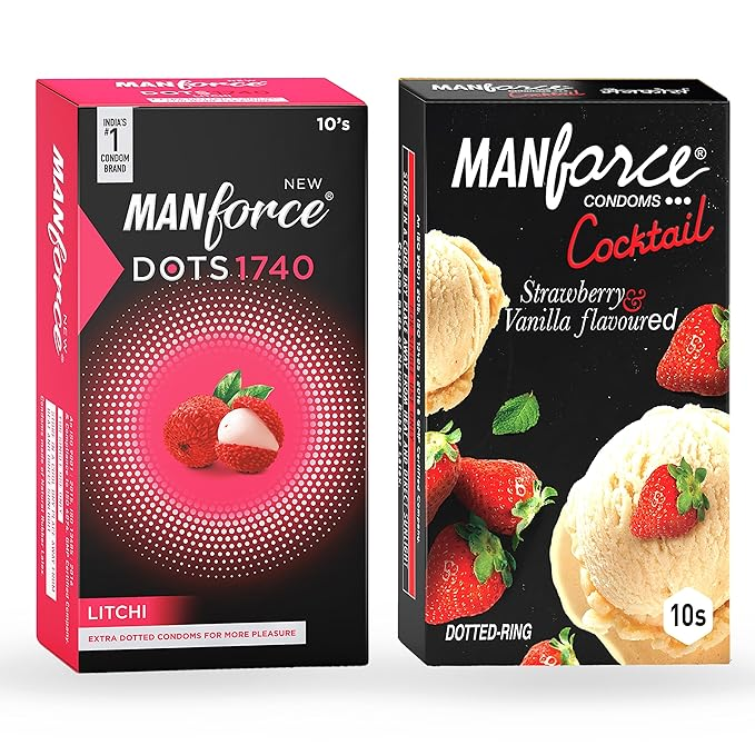 MANFORCE Cocktail Condoms with Dotted-Rings Strawberry & Vanilla Flavoured- 10 Pieces & Extra Dotted Litchi Flavoured Condoms - 10 Pieces Condom (Set of 2 20 Sheets)
