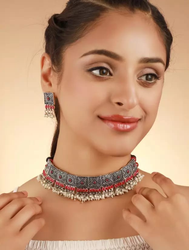 Pjvi Fashions Oxidised 11 Square Maroon choker Necklace set