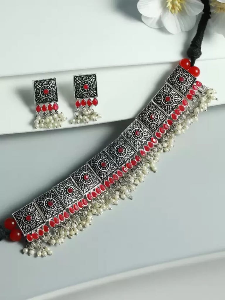 Pjvi Fashions Oxidised 11 Square Maroon choker Necklace set view 2