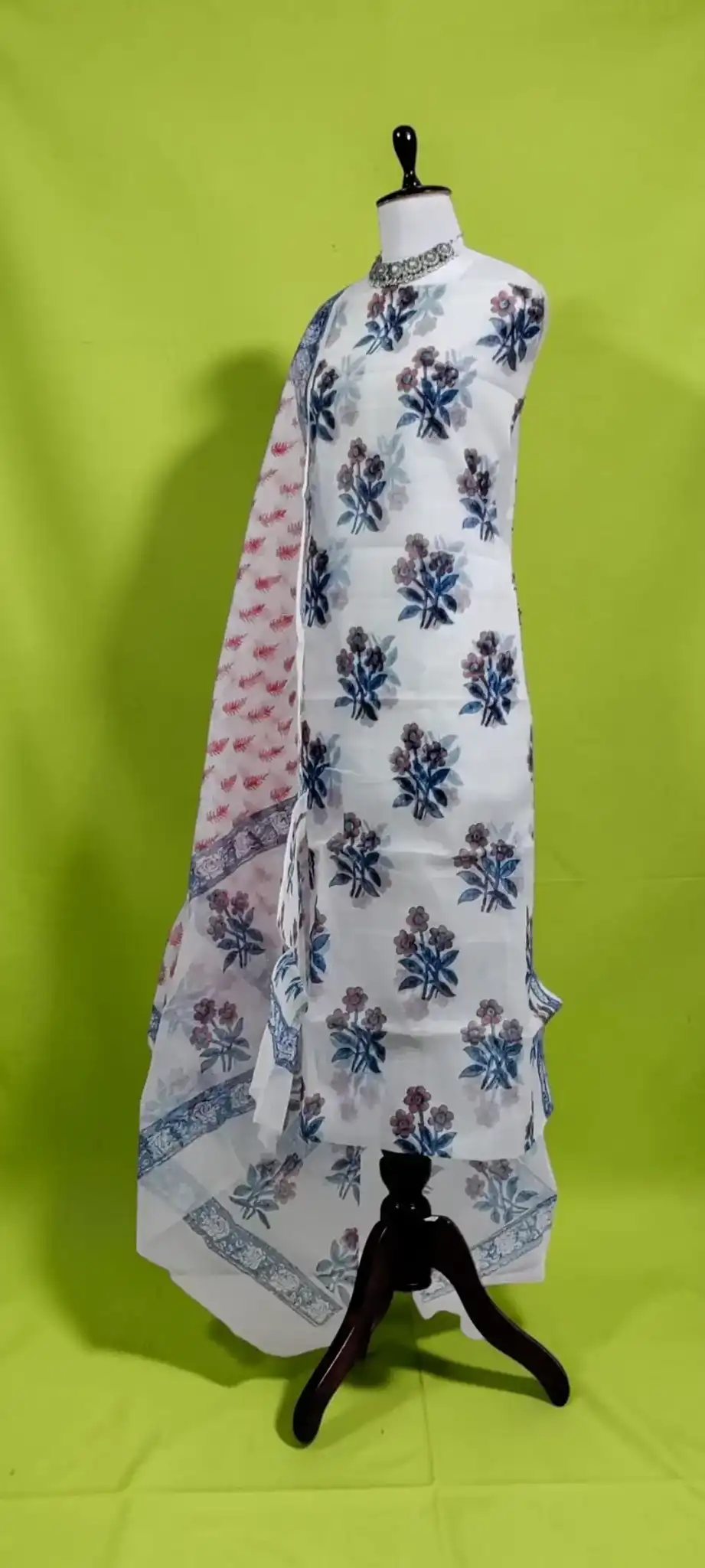 Indigo Kota Doria Cotton-Silk Dress Material with Dupatta view 2