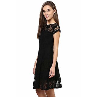 Miss Chase Womens Black Round Neck Cap Sleeves Low Back Lace Skater Dress view 2
