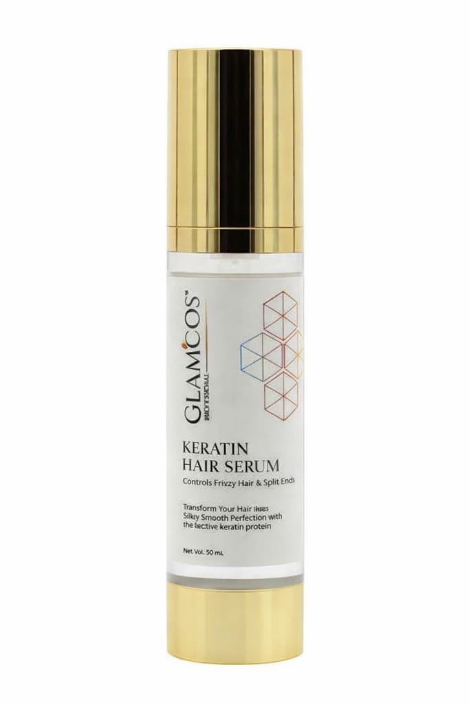 Glamcos Professional Keratin Hair Serum | Controls Frizzy Hair & Split Ends | Smooth, Silky & Shiny Finish | Salon Professional Hair Serum for Dry & Damaged Hair – 50ml