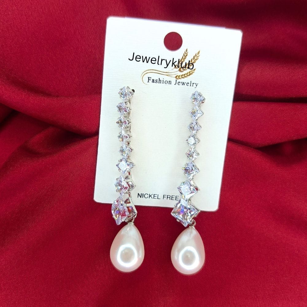 Jewelryklub American Diamond Long Earrings With Pearl Stone For Girls Women view 2