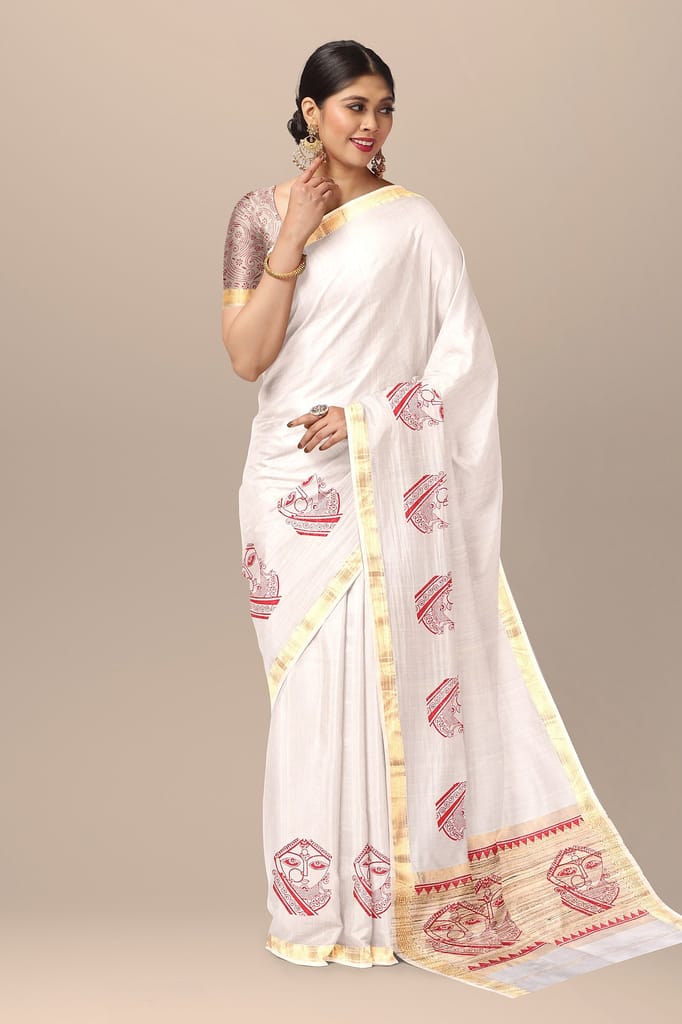 Off White Face Motif Handwoven Hand Block Printed Sausar Silk With Zari Border Saree SKU-AS10073 view 2