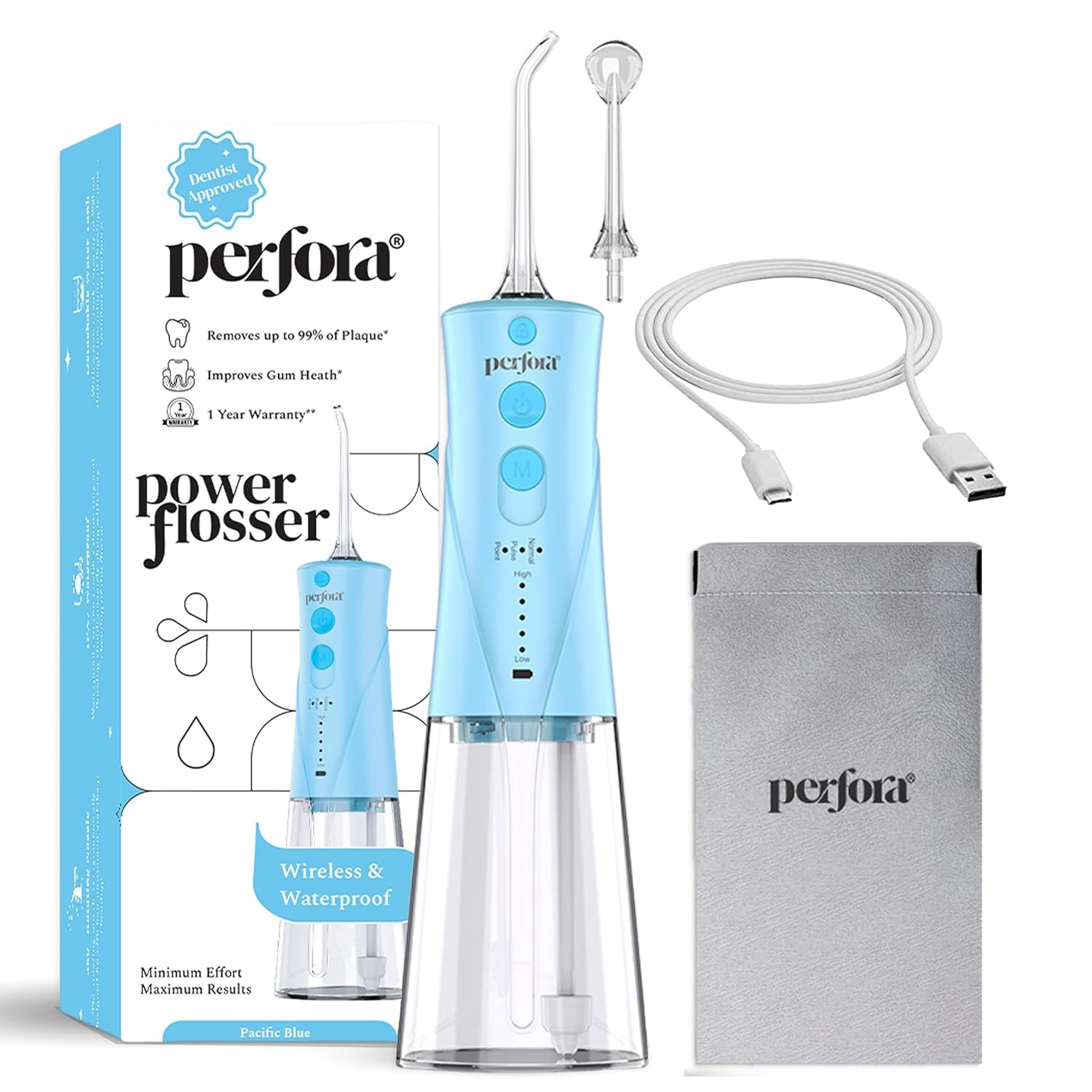 Perfora Power Water Dental Flosser - Capacity with Custom 8 Water Pressure Settings & 2 Nozzles, 1500 mAh Battery | 1 Year Warranty | Dental Flosser For Teeth Oral Care (Pacific Blue), 250 ml