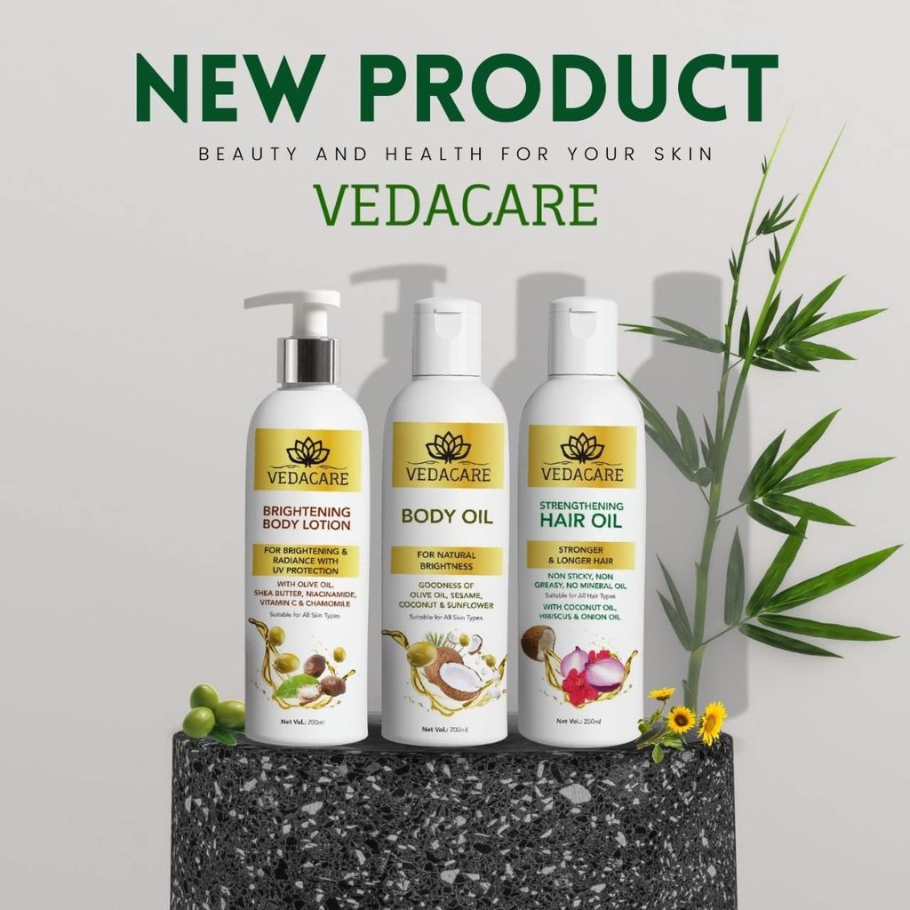 Vedacare Body Oil - for natural brightness, No Mineral oil, non greasy, Contains Olive oil, Sesame oil, Coconut, Sunflower, Natural Moisturization view 2