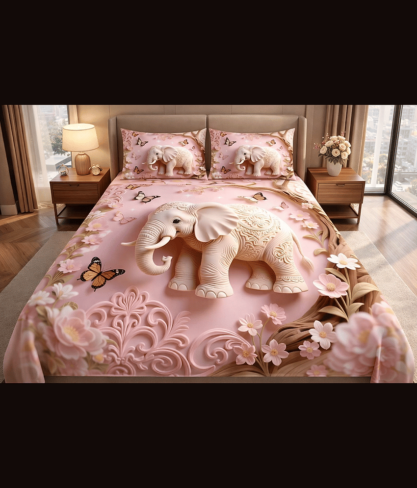 SWIZIER 7D Digital Print Baby Pink Cotton 1 Double Bedsheet with 2 Pillow Covers ( 254 cm x 228 cm )
