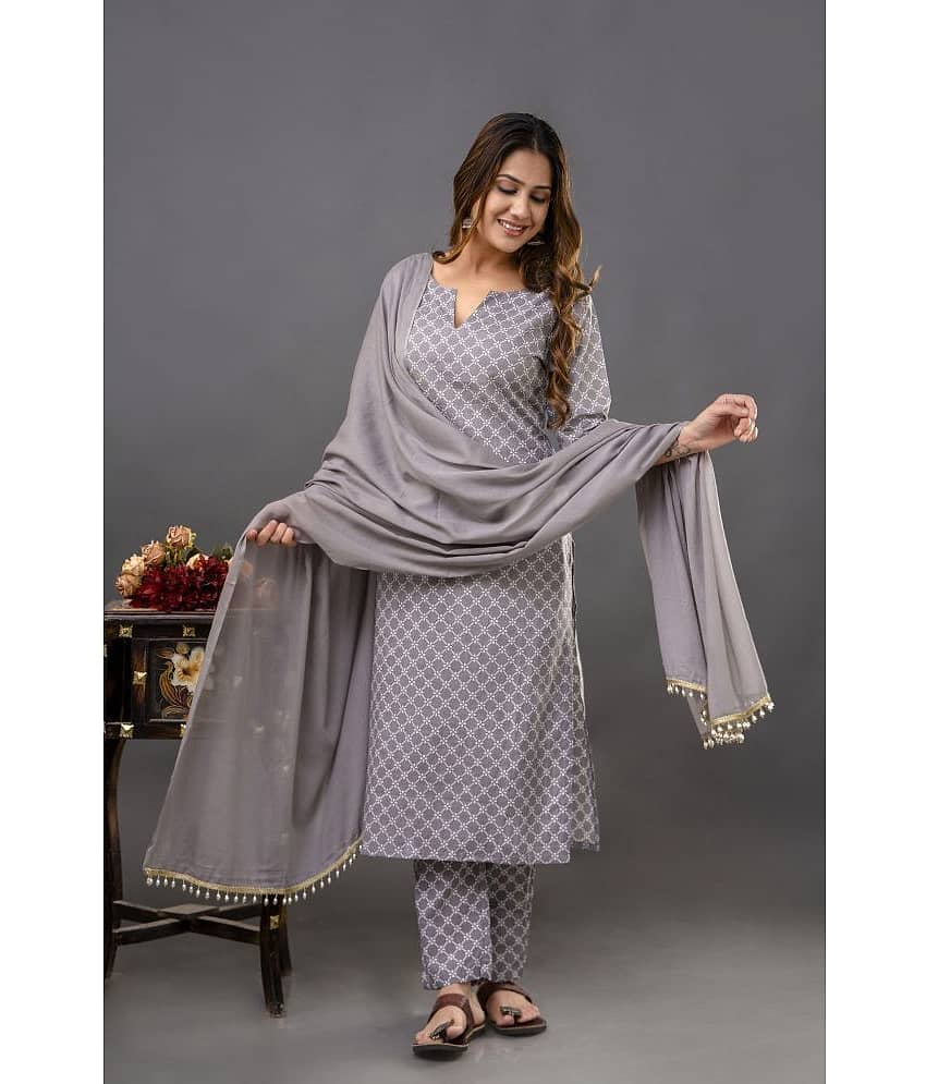 Shivaradhya designers Cotton Printed Kurti With Pants Women's Stitched Salwar Suit - Grey ( Pack of 1 )