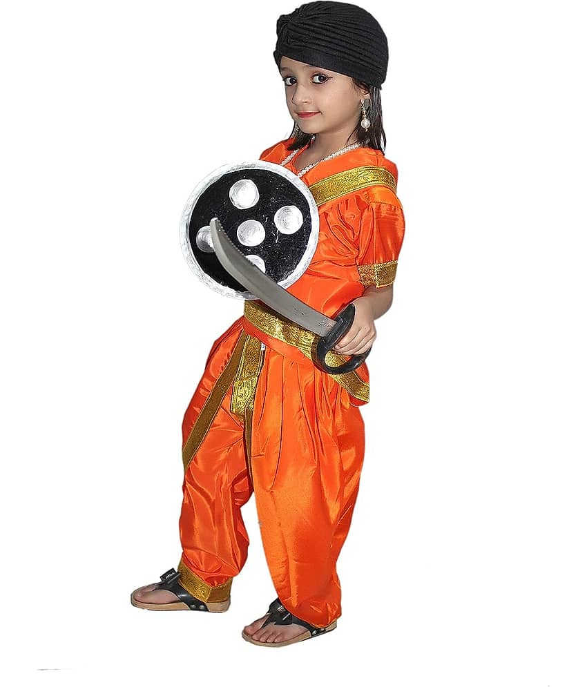Kaku Fancy Dresses National Hero Jhasi Ki Rani Fancy Dress For Girls | Freedom Fighter Rani Laxmi Bai Costume For Independence Day & Republic Day -Orange, 14-17 Years, For Girls view 2