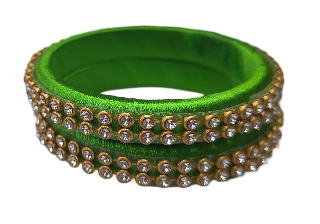 Green Silk Thread Bangle Set with Rhinestone for Women and Girls (Pack of 2) view 2