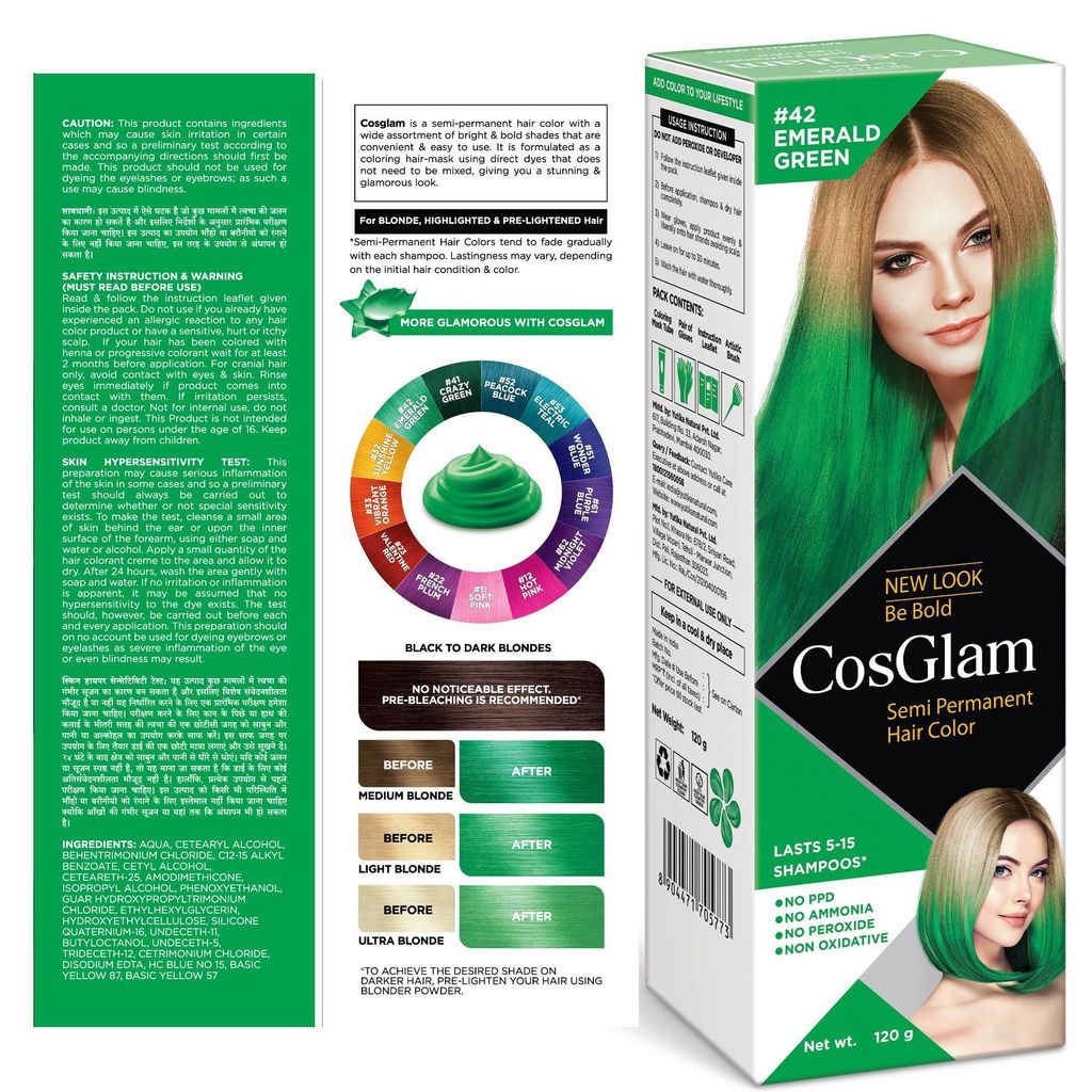 COSGLAM Semi Permanent Hair Color, No Peroxide, Non Oxidative, Ammonia Free Hair Colour 42 Emerald Green - 120gm view 2