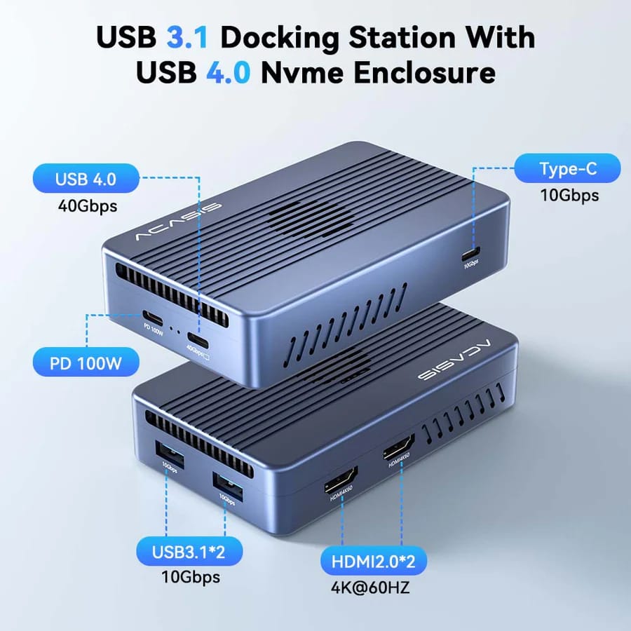 ACASIS 8-in-1 40Gbps M.2 NVMe Thunderbolt 3/4 SSD Enclosure & Dock, Single 8K or Dual 4K60Hz, 1*40Gbps, with 100W PD Adaptor, Cooling Fan, for M1/M2 view 2