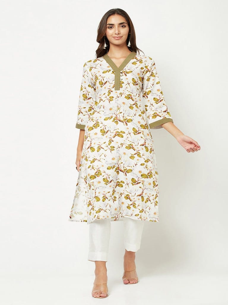 Green And White Floral Kurta view 2