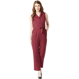 Miss Chase Women's Maroon V-Neck Sleeveless Straight Leg Tie-Up Solid Belted Wrap Jumpsuit view 2