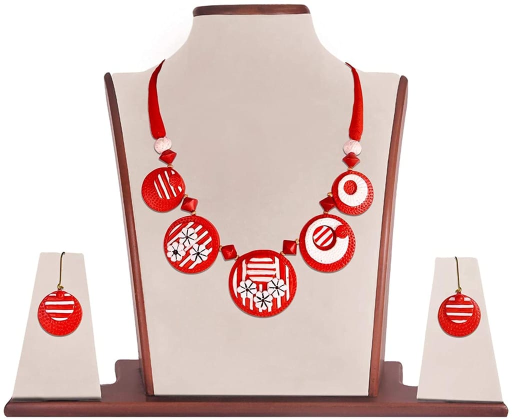 EKAM EK WHITE AND RED TERRACOTTA NECKLACE AND EARRINGS FOR GIRLS AND WOMEN FOR CASUAL AND FORMAL WEAR FOR SUIT, SAREE AND SKIRTS view 2