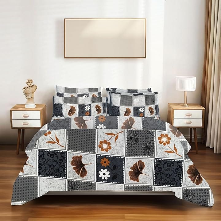 SineCRAFT Creations Double Bed Bedsheets 90X100 Inches 240 TC Glace Cotton King Size with 2 Pillow Covers - 3 PC Cushion Cover Free (Leaf & Floral Pattern)